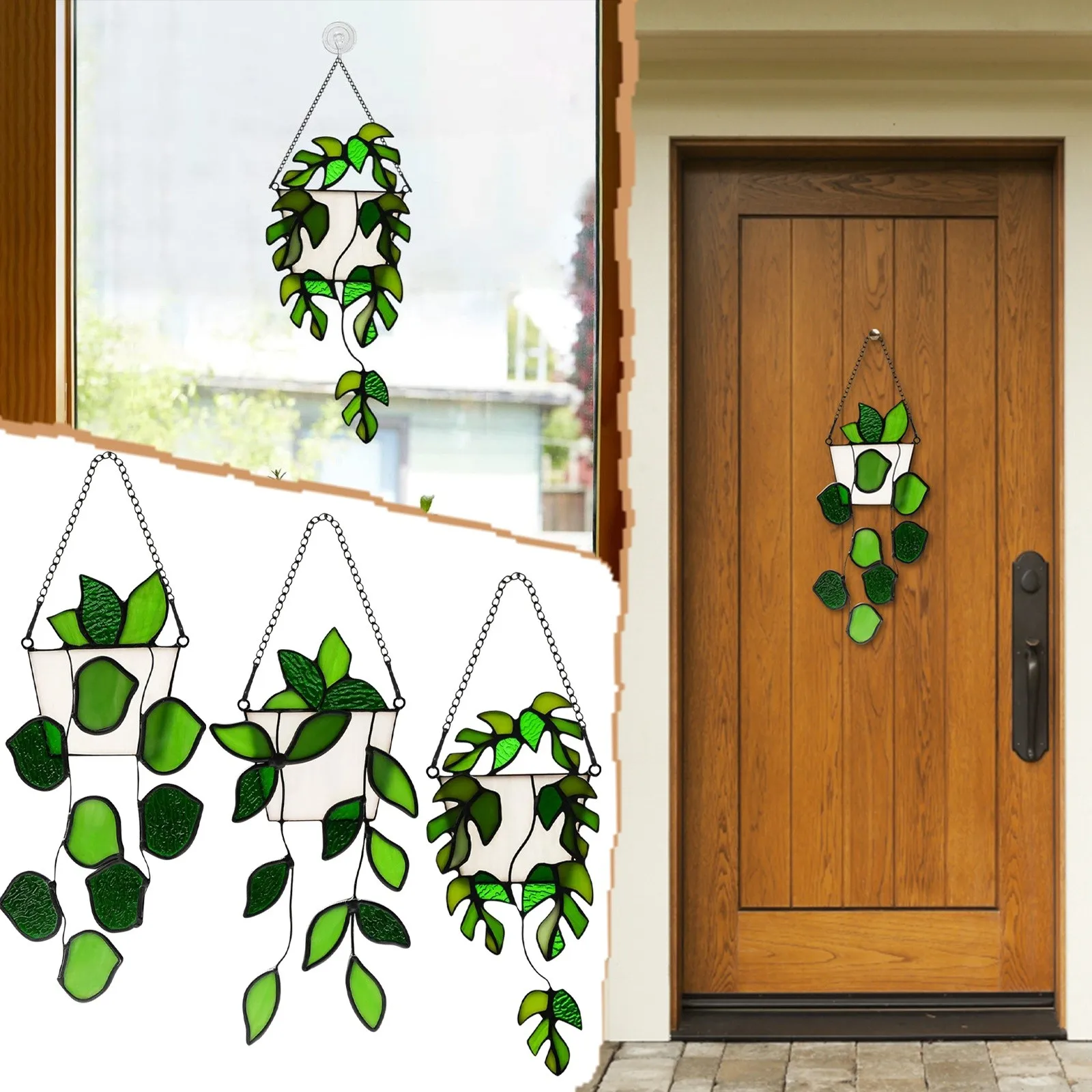 Plant Parent Yearly - ประดิษฐ์ตกแต่ง Handmade สีเขียวปลอม Stained Glass หน้าต่างแขวน